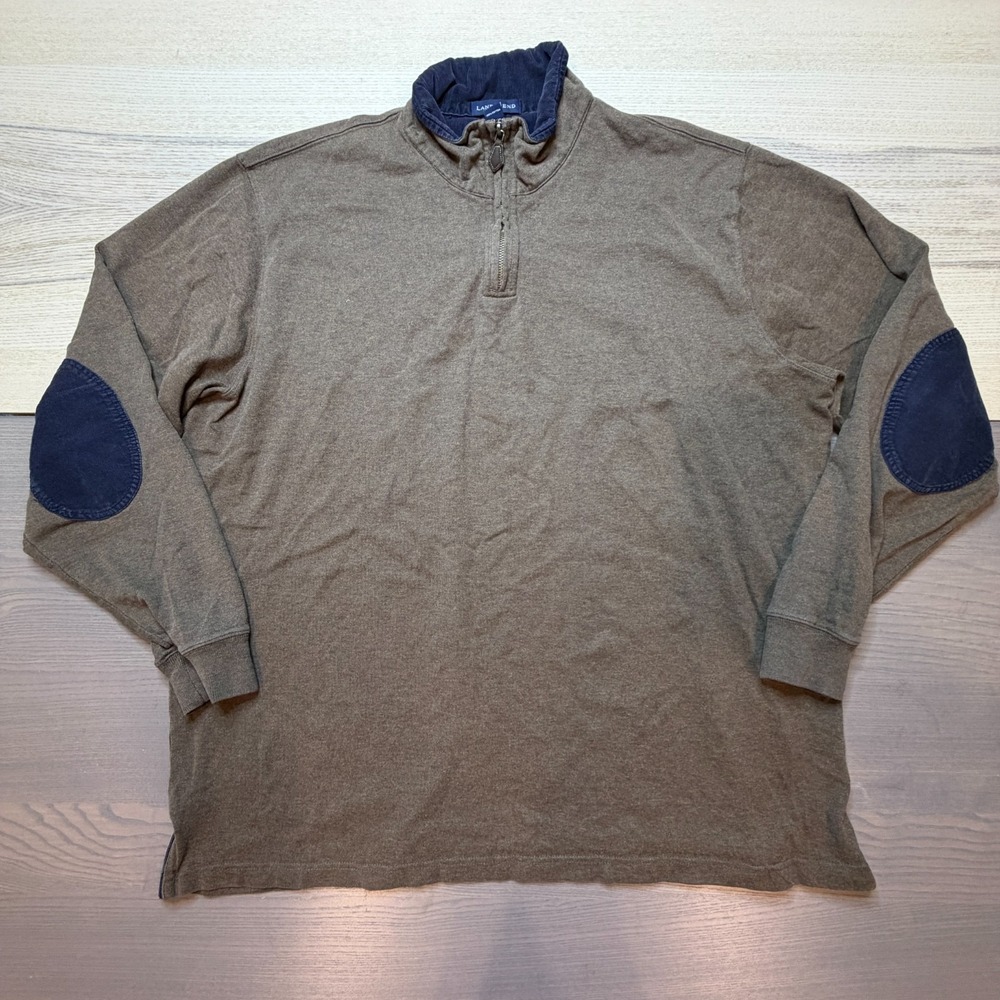 Land's End Sweater‎ Mens XXL Quarter Zip Pullover Elbow Patch Gray Cotton